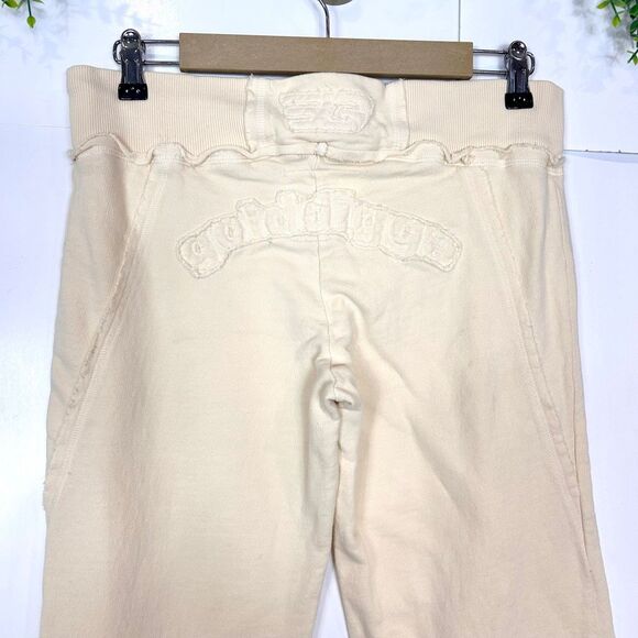 Golddigga Track Pants y2k Womens Large Cream Flare Leg Sweatpants Drawstring 90s - Picture 15 of 16